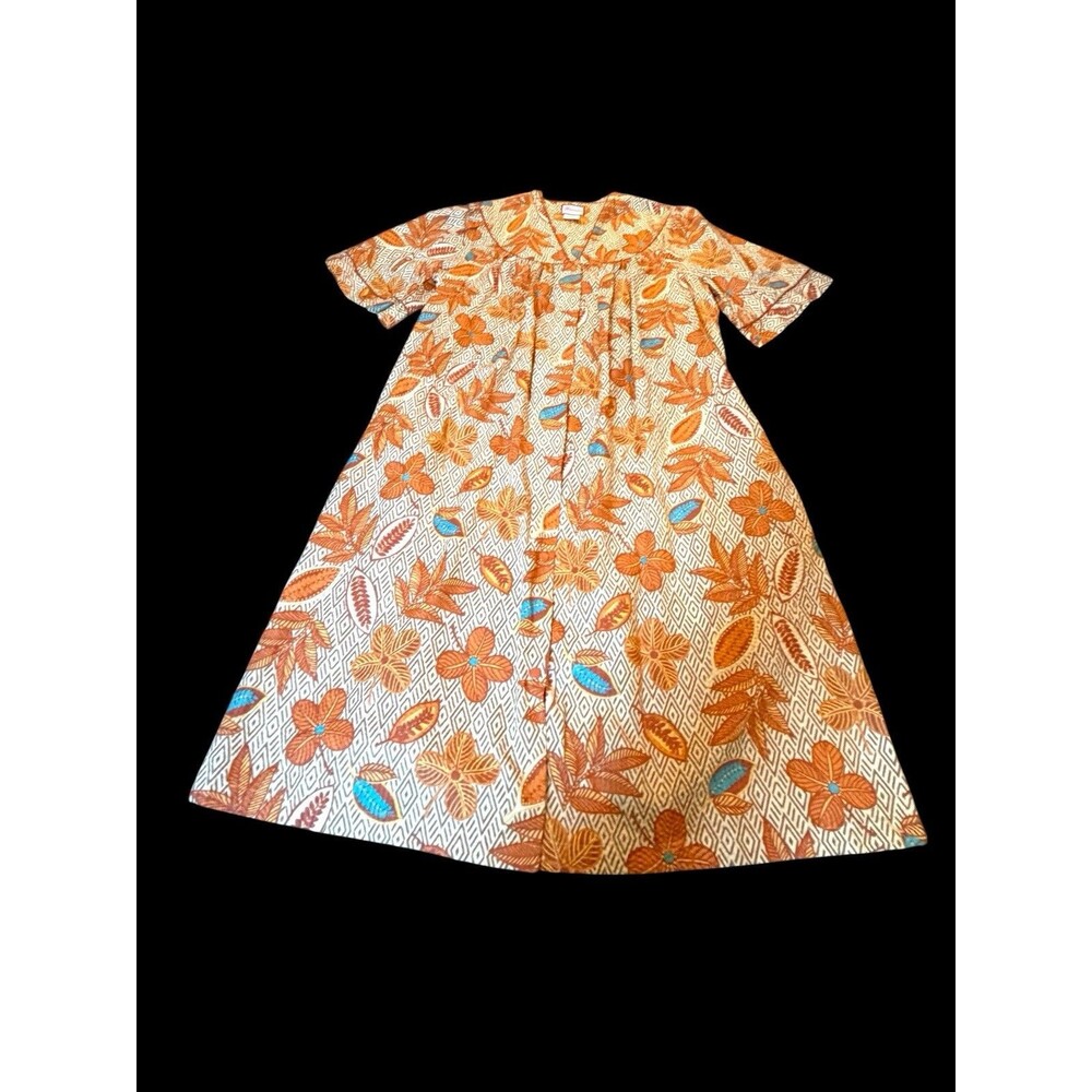 Vtg Granada House Gown Maxi Brown Tropic Floral Med Mrs Roper House Mumu Kaftan